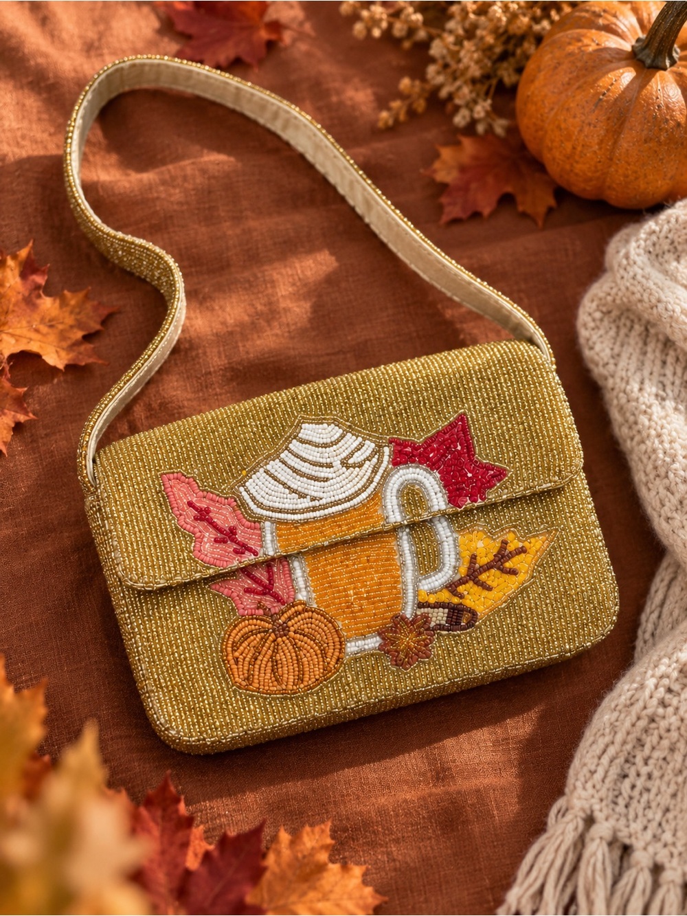 Sol and Mer Hand-Beaded Mustard Autumn purse with Fall Motif